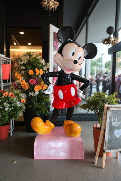 Large Cartoon Mouse Statue Holding Flower Bouquet 35" x 26" x 73"H