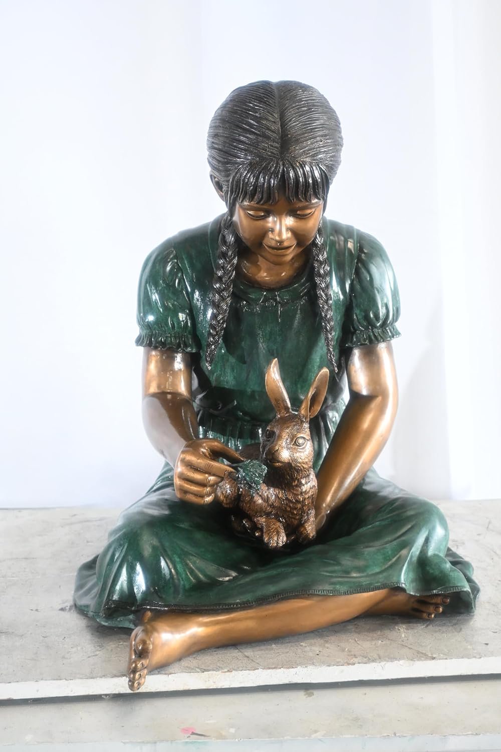 Bronze Braided Girl Feeding Rabbit Green Dress Sculpture 24"x20"x24"H