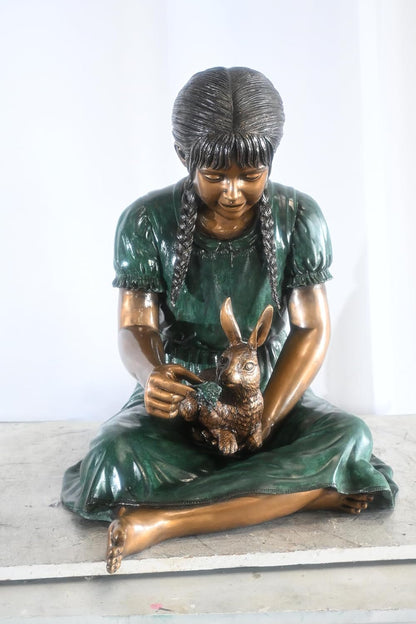 Bronze Braided Girl Feeding Rabbit Green Dress Sculpture 24"x20"x24"H