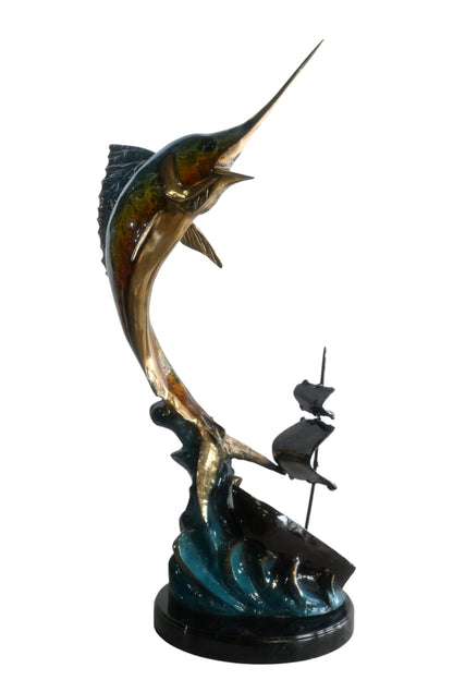 Leaping Marlin with Sailboat Bronze Sculpture 18"x18"x35"H