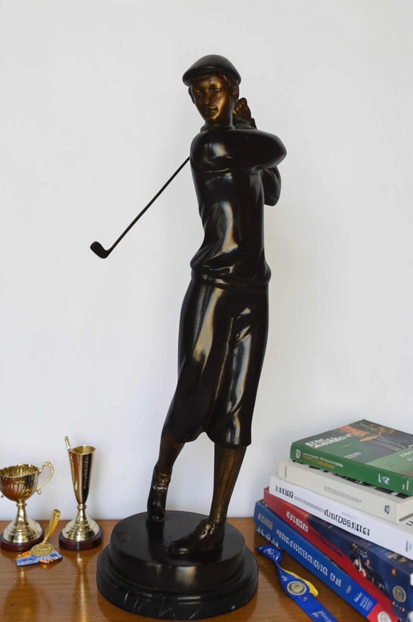 Young Golfer Bronze Statue mounted on a Marble Base -  Size: 8"L x 6"W x 19"H.