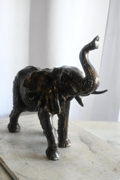 African Elephant Trunk Up Handcrafted Aluminum Sculpture 24"x12"x21"H