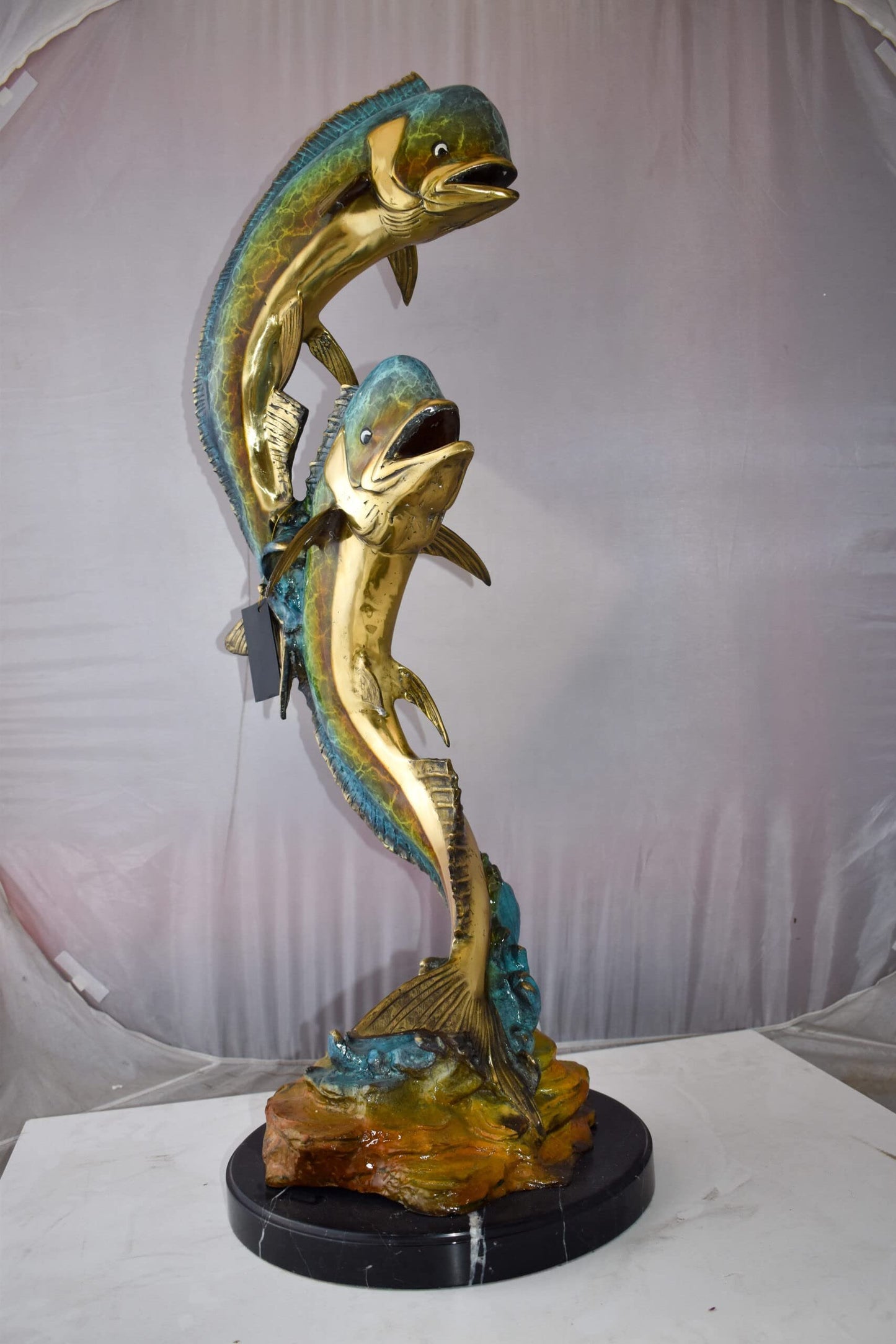 Impressive Pair of Dorado Mahi Mahi Fish Bronze Statue Size: 20" x 18" x 42"H