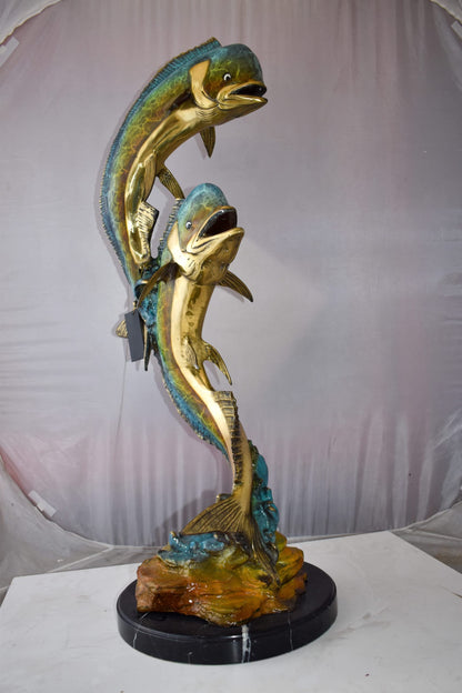 Impressive Pair of Dorado Mahi Mahi Fish Bronze Statue Size: 20" x 18" x 42"H