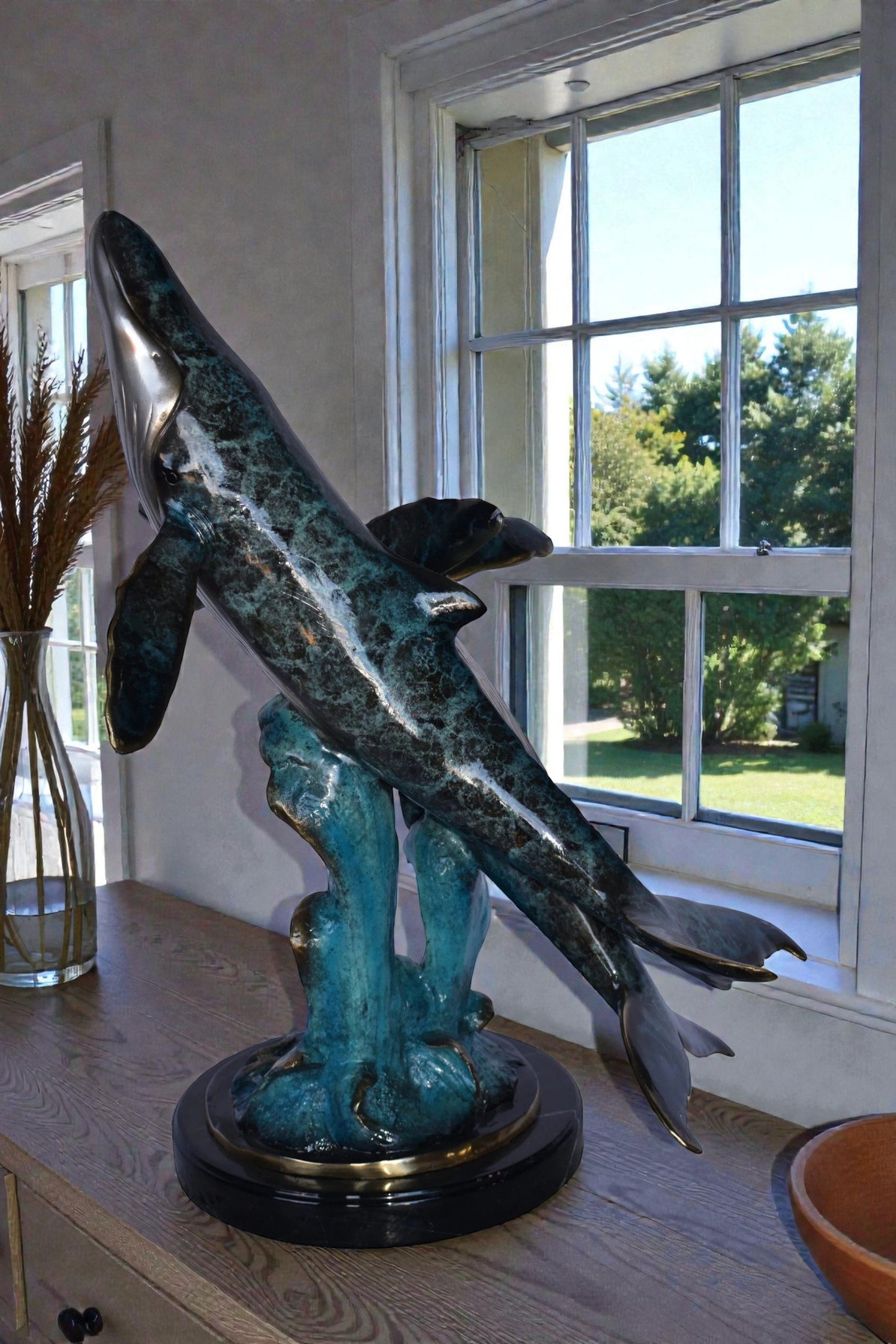 Pair of Blue Whales Swimming in The Ocean Bronze Statue Size: 21" x 20" x 27"H.