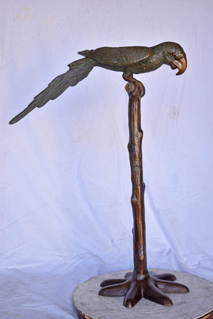 Parrot on a Tree Watching Forward Bronze Statue - Size: 36"L x 15"W x 41"H.