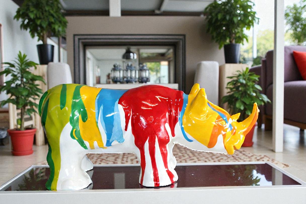 Fiberglass Rhino Statue Dynamic Presence with Paint Droplets 30" x 12" x 12"H