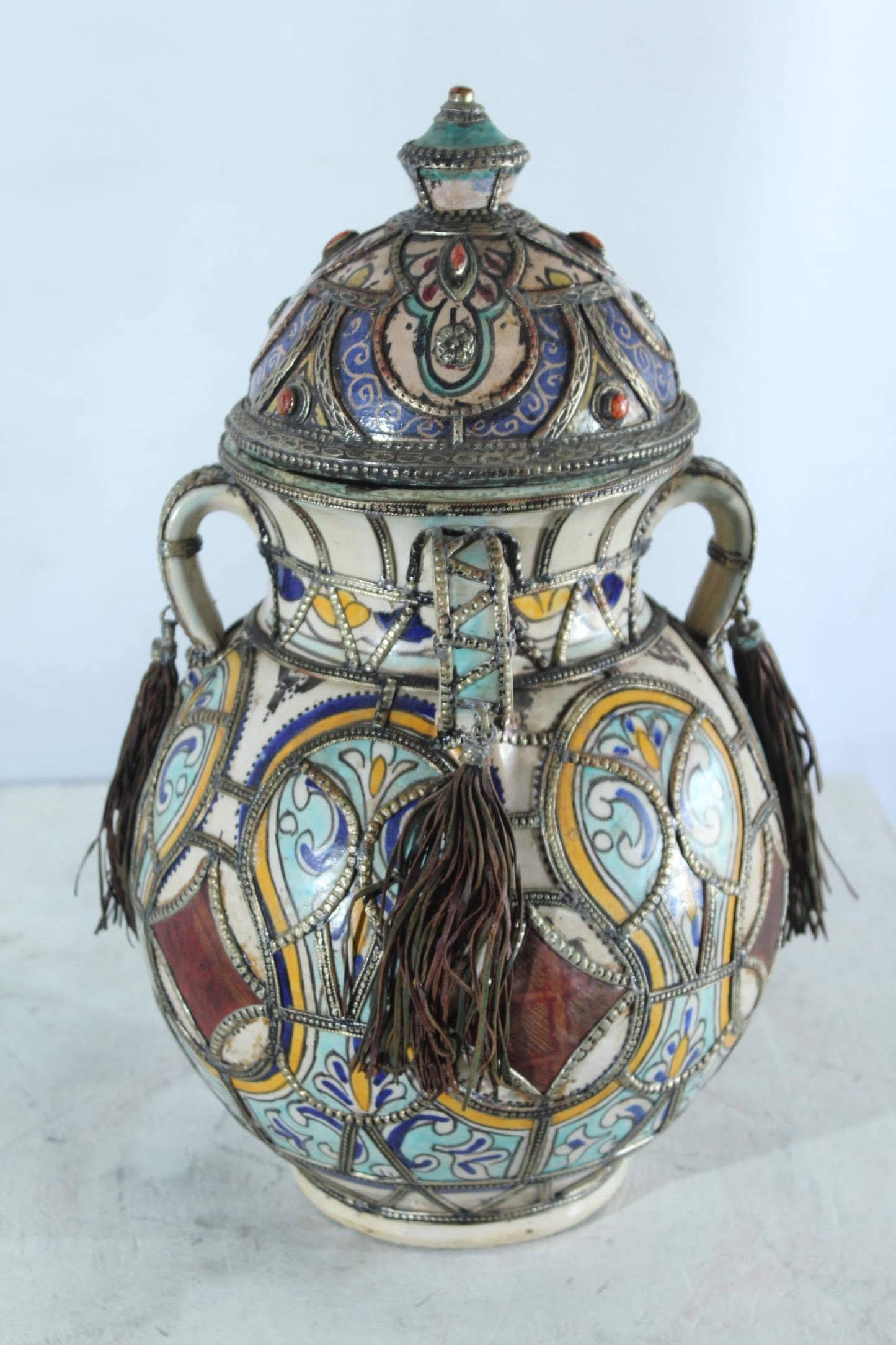 Handcrafted Ceramic Lidded Jar with Tassels and Metal Inlay 10" x 10" x 18"H