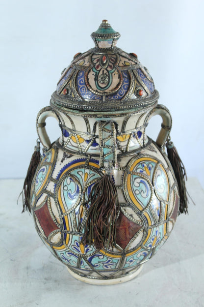 Handcrafted Ceramic Lidded Jar with Tassels and Metal Inlay 10" x 10" x 18"H