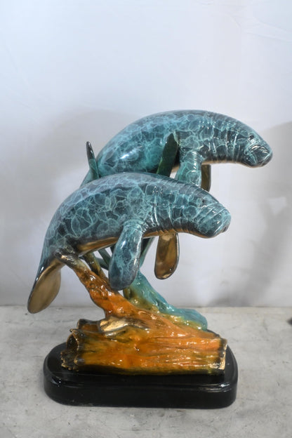 Two Manatees Bronze Sculpture Marble Base Ocean Life 15"x11"x12"H