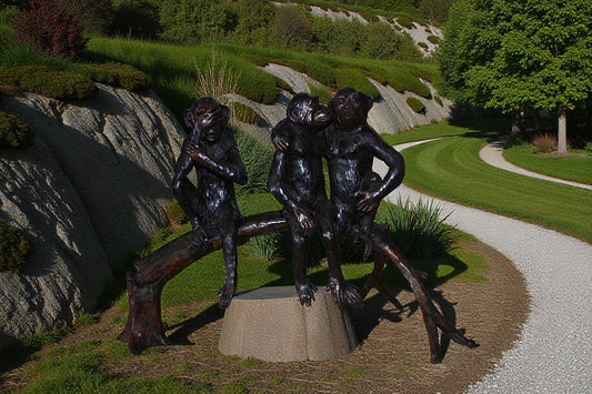 Three monkeys on a tree log - Bronze Statue -  Size: 27"L x 11"W x 18"H.