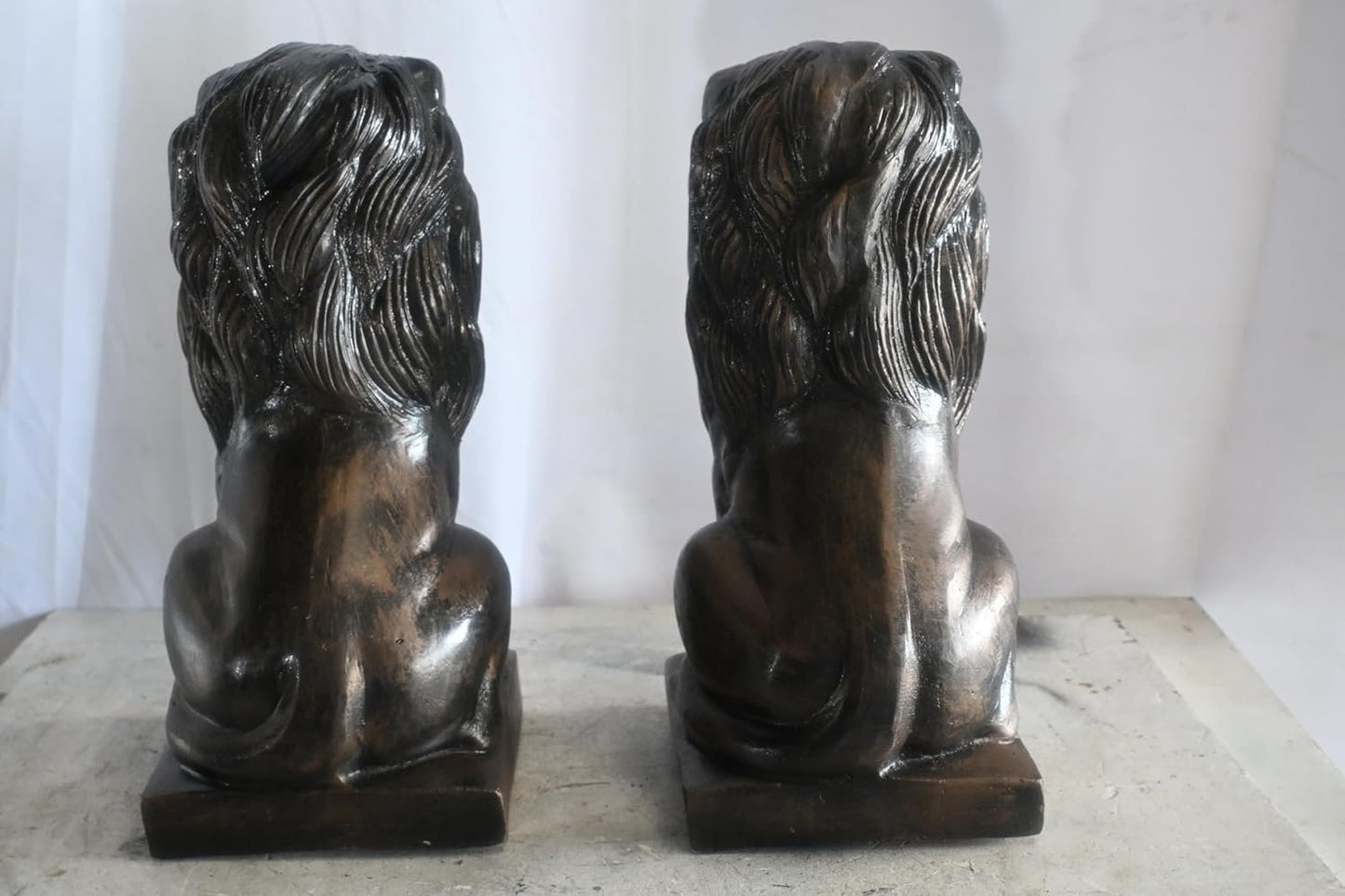 Pair of Aluminum Sitting Lion Statues Bronze Finish 19In 17"x12"x19"H