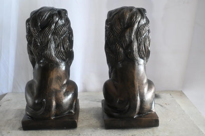 Pair of Aluminum Sitting Lion Statues Bronze Finish 19In 17"x12"x19"H