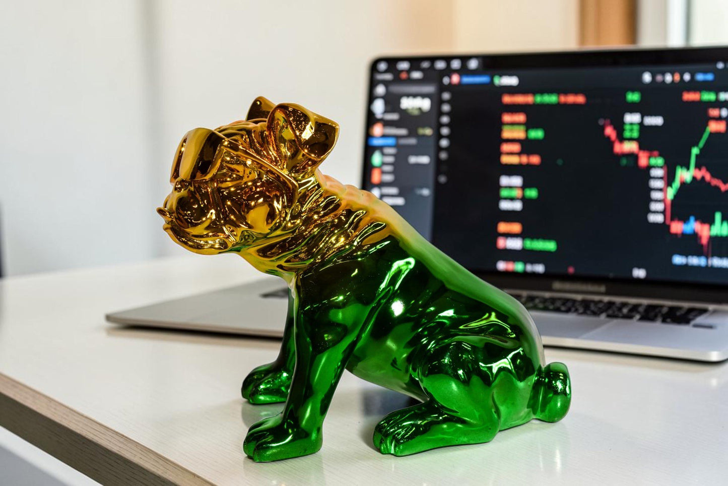 Ombre Green Chrome Bulldog Resin Statue - Pop Art Home Decor, 16"L x 9"W x 13"H