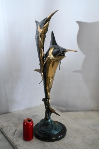 Two Marlin Swordfish Bronze Sculpture Vertical Leap 15"x6"x31"H