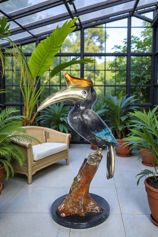 Hornbill Bird on Tree Branch, Colored Bronze Statue 10" x 10" x 22"H