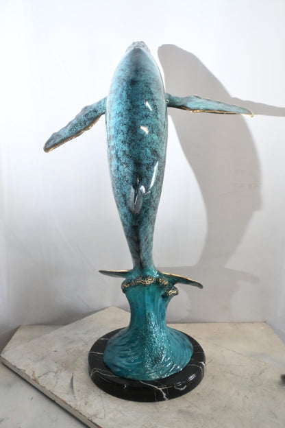 Bronze Humpback Whale Breaching Sculpture Ocean Wave 40"x24"x16"H