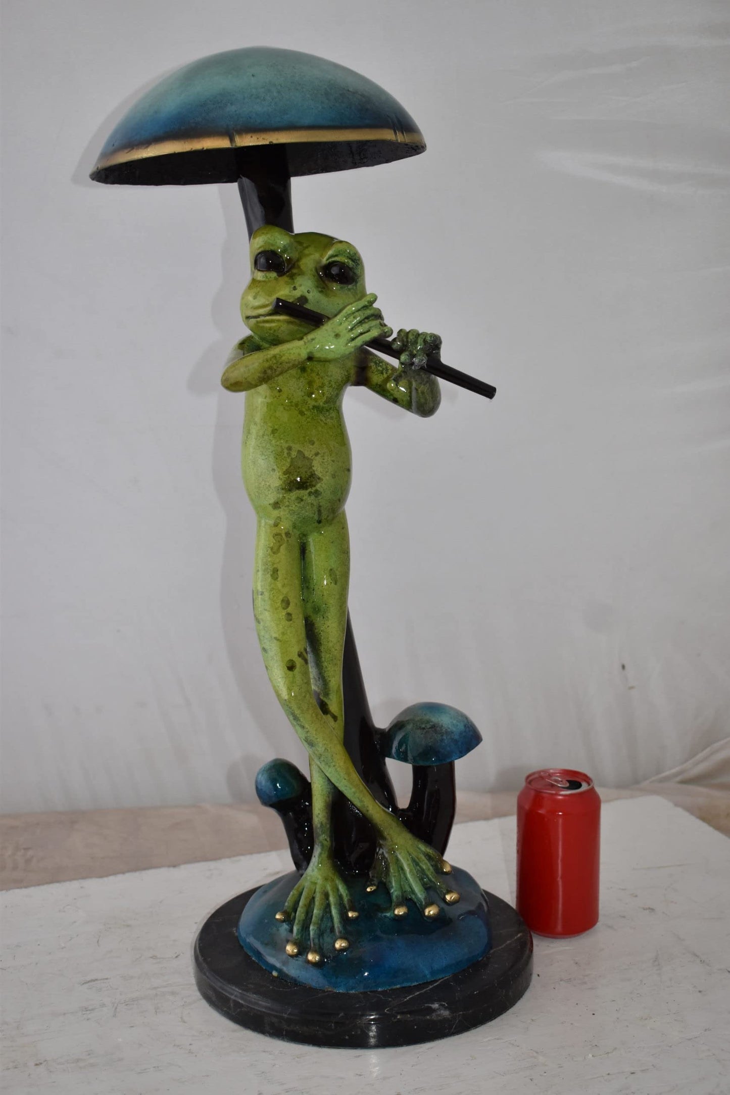 Musical Green Frog Playing the Flute Bronze Statue Size: 14" x 12" x 27"H