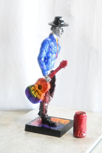 Traveler Musician Holding Guitar Case Aluminum Sculpture 9"x8"x34"H