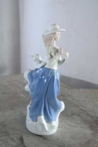 Porcelain Elegant Lady Blue Dress Hat Figurine with Rose 5"x4"x12"H
