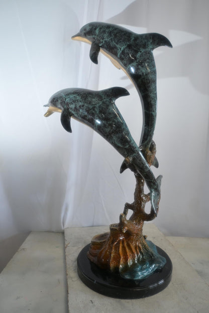 Large Bronze Dual Dolphin Coral Reef Sculpture Marble Base 18"x16"x39"H