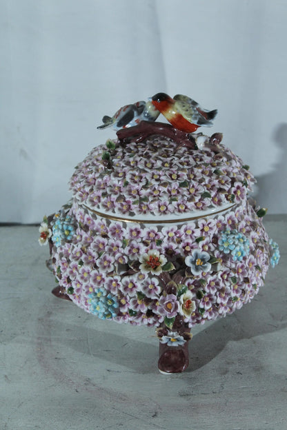 NIFAO Porcelain floral covered box with birds on lid 10"x10"x11"H