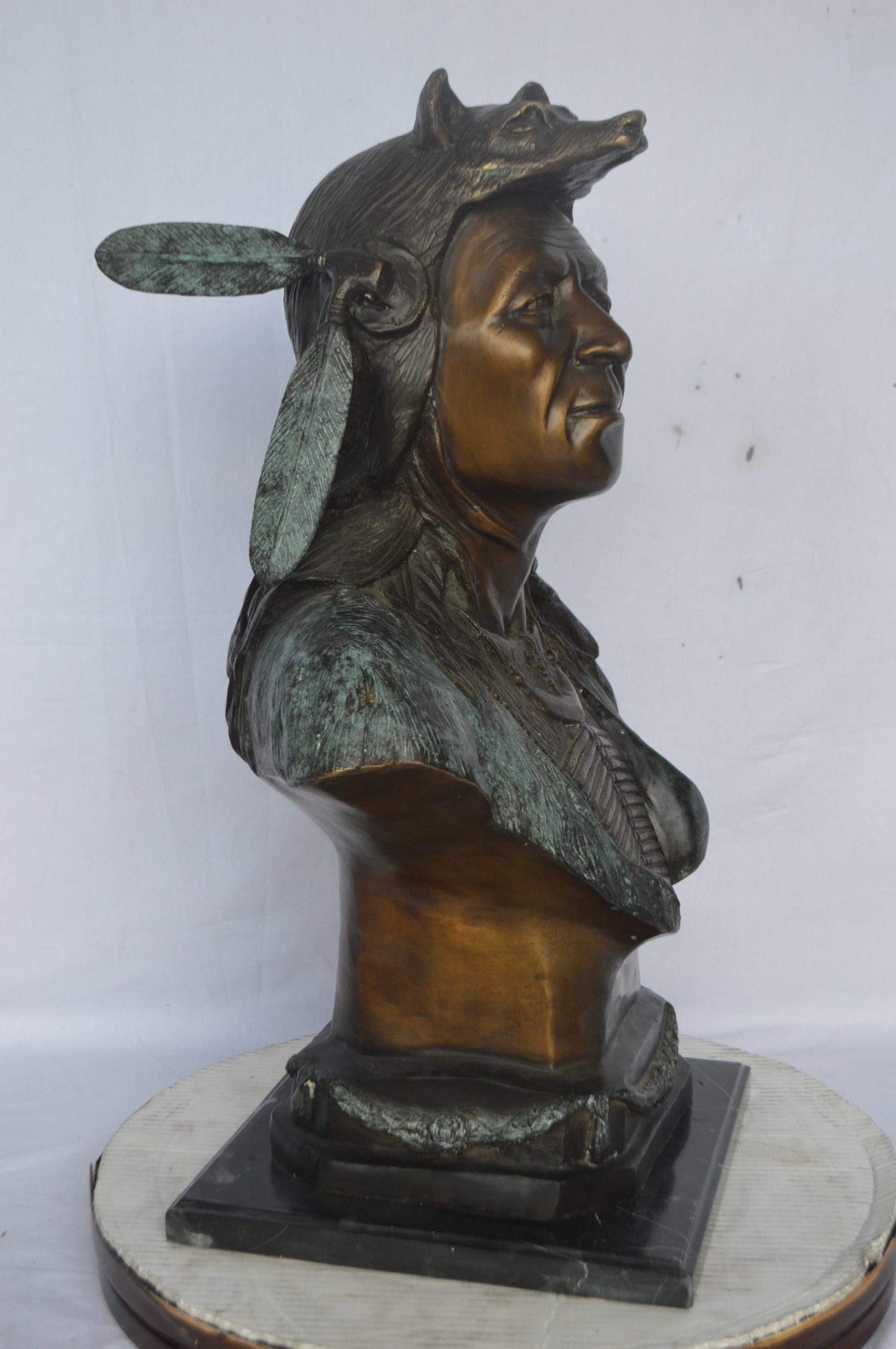 Indian Tribe Leader Bust bronze statue - Size: 22"L x 15"W x 32"H.