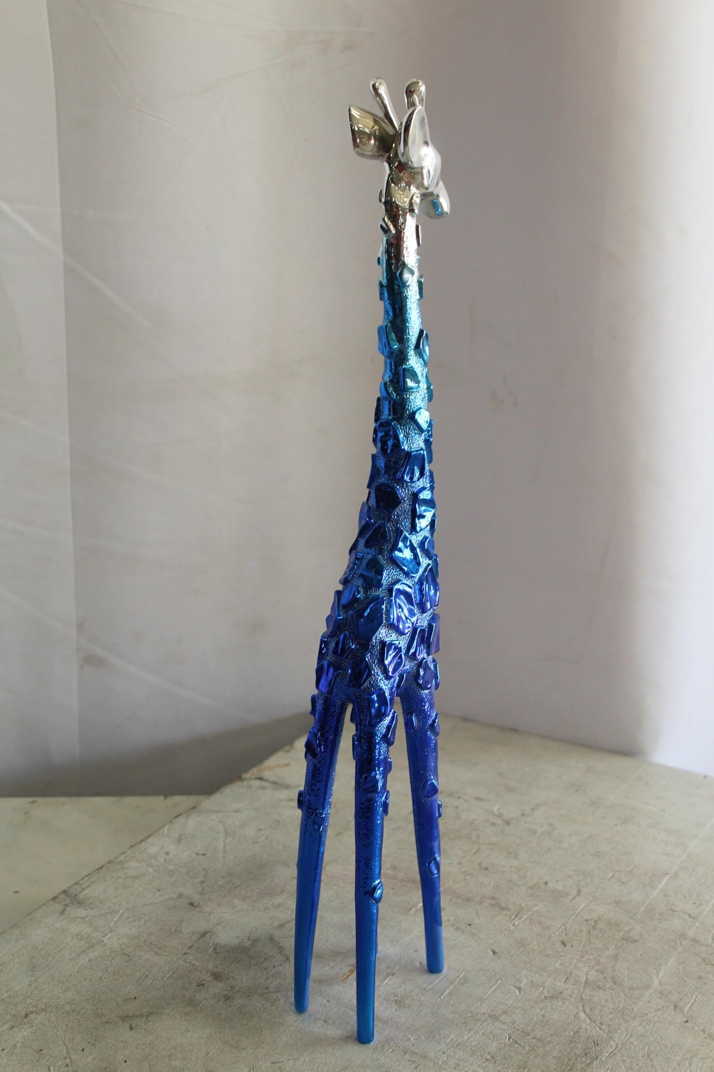 NIFAO Resin Blue Giraffe Sculpture with Chrome Head 30 Inches 4"x6"x30"H