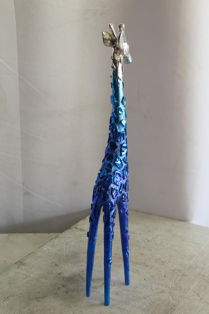 NIFAO Resin Blue Giraffe Sculpture with Chrome Head 30 Inches 4"x6"x30"H