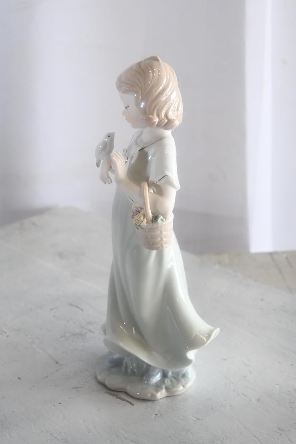 Porcelain Girl with White Doves and Flower Basket Statue 6"x4"x12"H