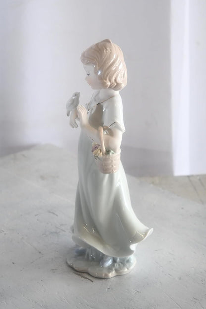 Porcelain Girl with White Doves and Flower Basket Statue 6"x4"x12"H