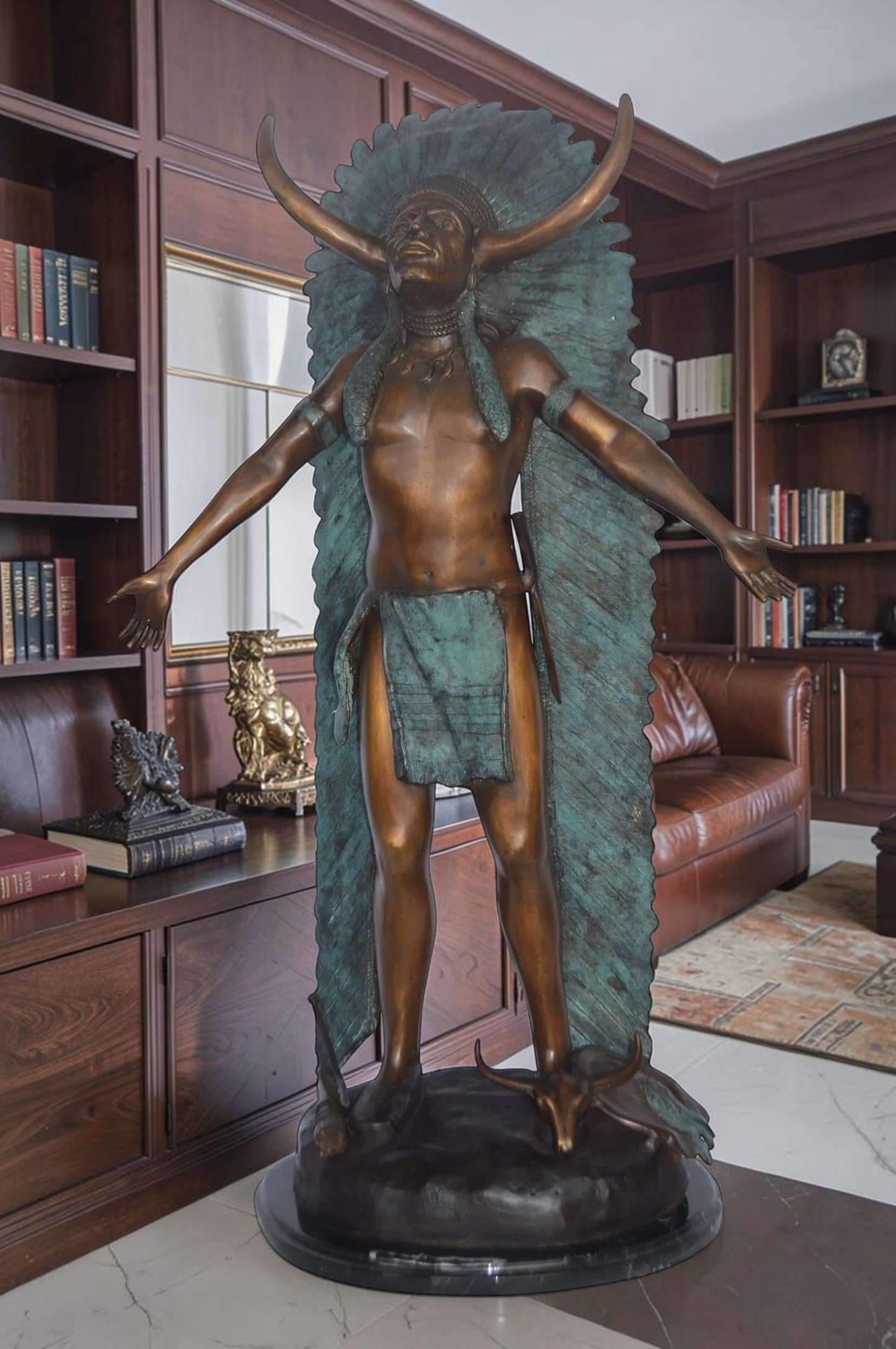 Indian with Plume bronze statue - Size: 22"L x 14"W x 38"H.
