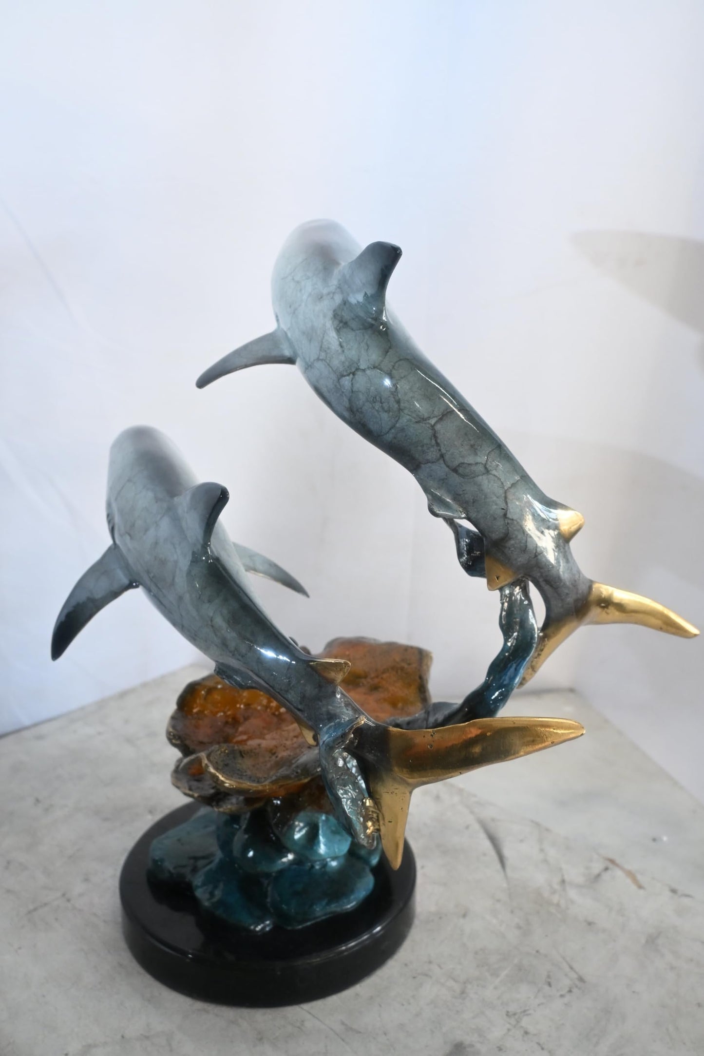 Two Sharks Bronze Sculpture Coral Reef Base 19"x11"x23"H