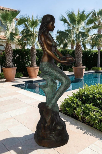 Mermaid Holding Two Fish Bronze Statue -  Size: 14"L x 14"W x 43"H.