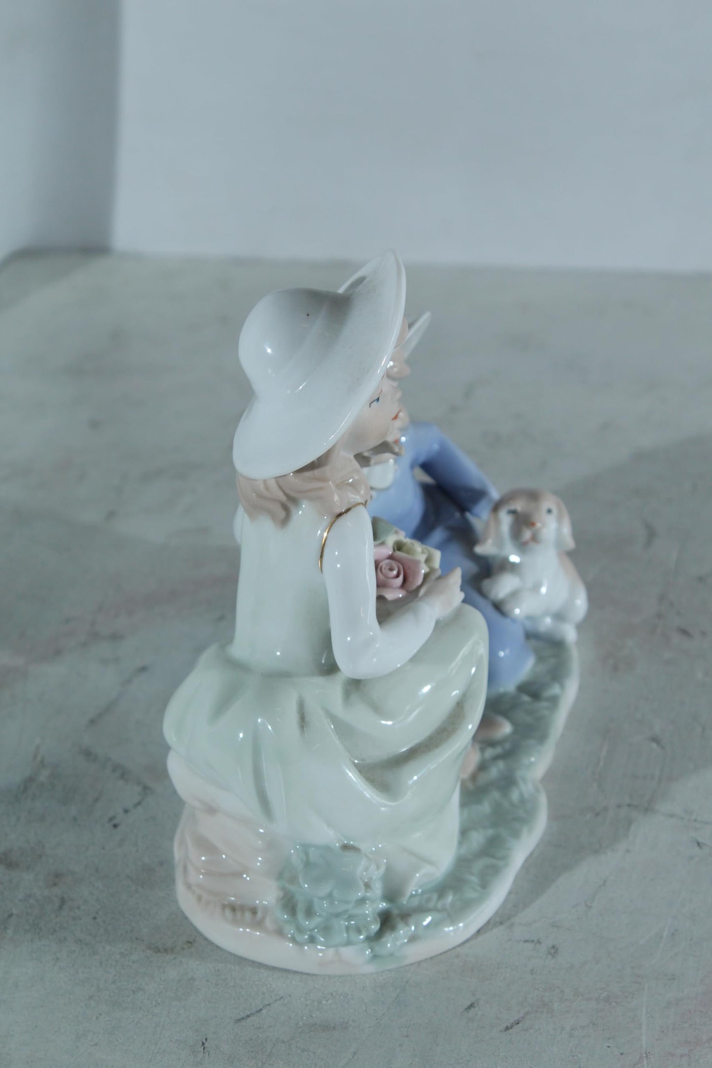 NIFAO Porcelain Figurine Two Girls with Puppy and Flowers 9"x4"x8"H