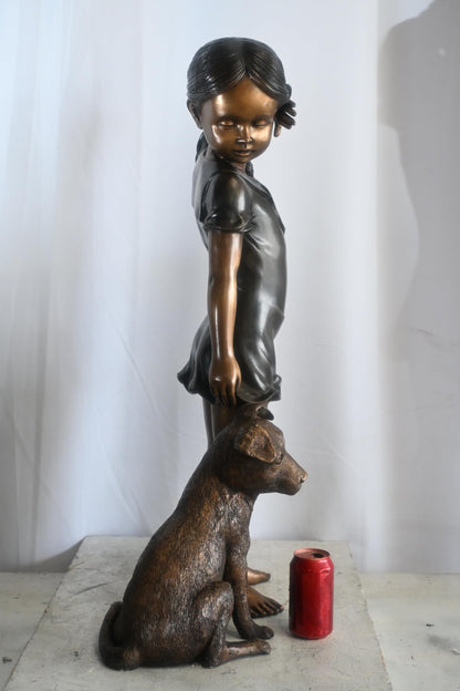 Bronze Girl with Dog Statue Young Child and Puppy Sculpture 18"x10"x37"H