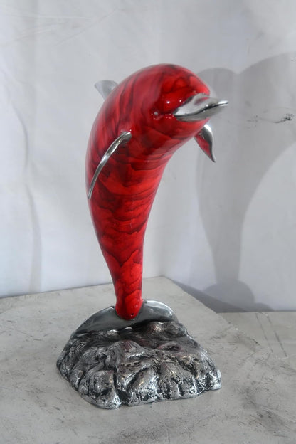 Leaping Red Dolphin Statue with Silver Fins Aluminum Art 15"x7"x18"H