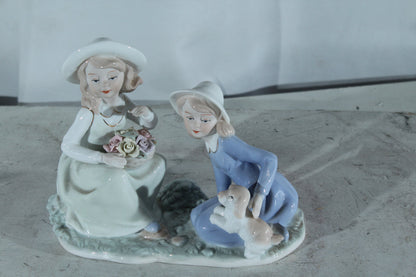 NIFAO Porcelain Figurine Two Girls with Puppy and Flowers 9"x4"x8"H