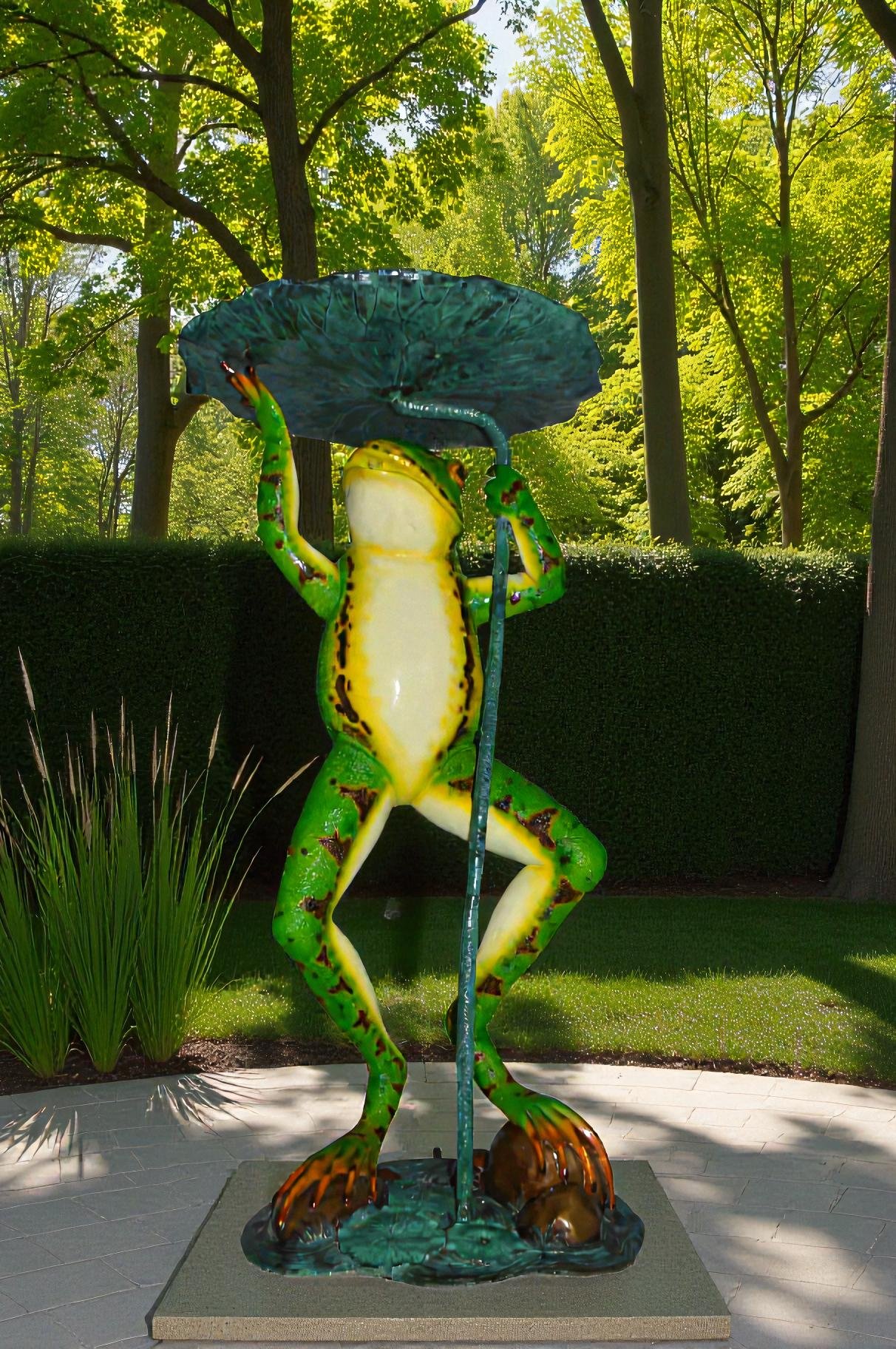 Frog with Umbrella Colored Fountain Bronze Statue -  Size: 22"L x 22"W x 43"H.