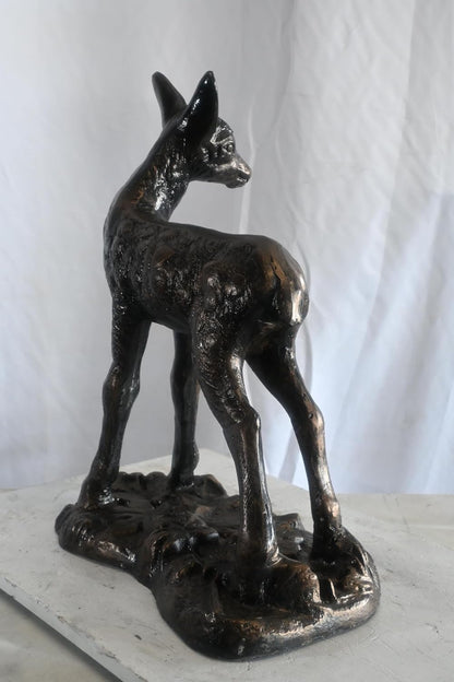 Fawn Statue on Forest Base with Leaves Aluminum Yard Art 17"x11"x25"H