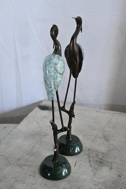 NIFAO Bronze Heron Pair Statue Set Marble Base Bird Sculpture 8"x4"x17"H