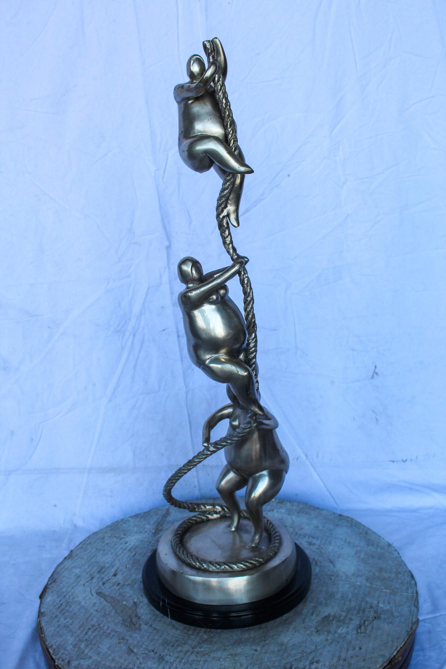 Three Voluptuous Women Climbing a Rope Statue, Silver Finish 12" x 12" x 32"H