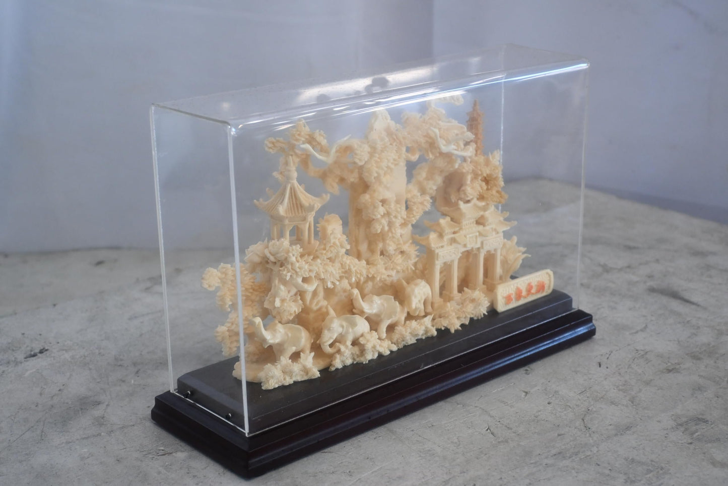 Carved Asian Landscape Diorama with Pagoda in Case 11"x4"x7"H