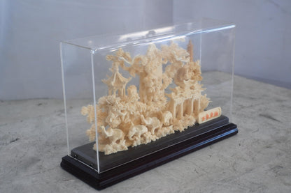 Carved Asian Landscape Diorama with Pagoda in Case 11"x4"x7"H