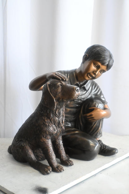 Bronze Boy with Dog Statue Child Petting Puppy Sculpture 21"x18"x23"H