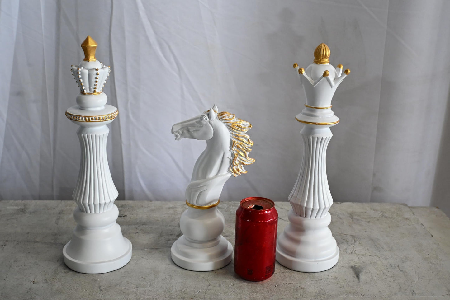 Decorative Chess Pieces Set White Gold Resin Figurines 4"x13"x14"H
