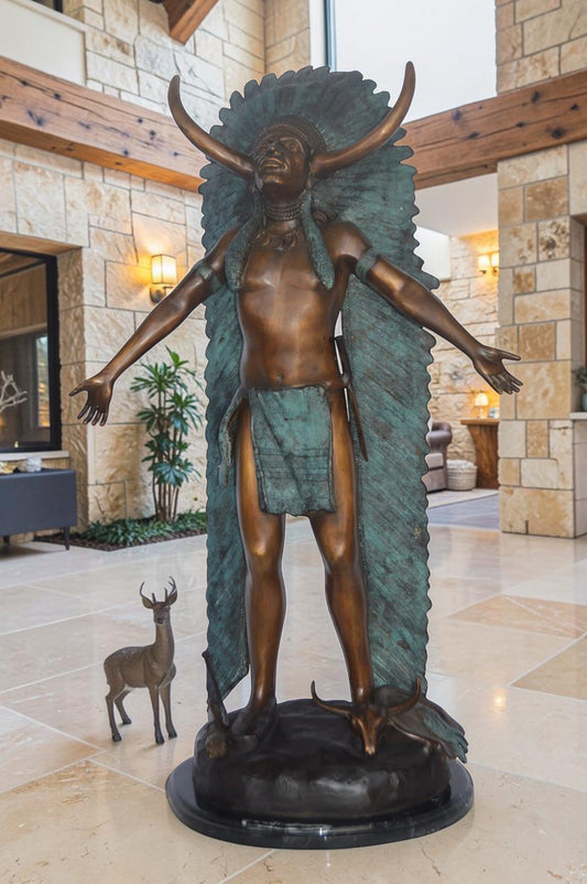 Indian with Plume bronze statue - Size: 22"L x 14"W x 38"H.