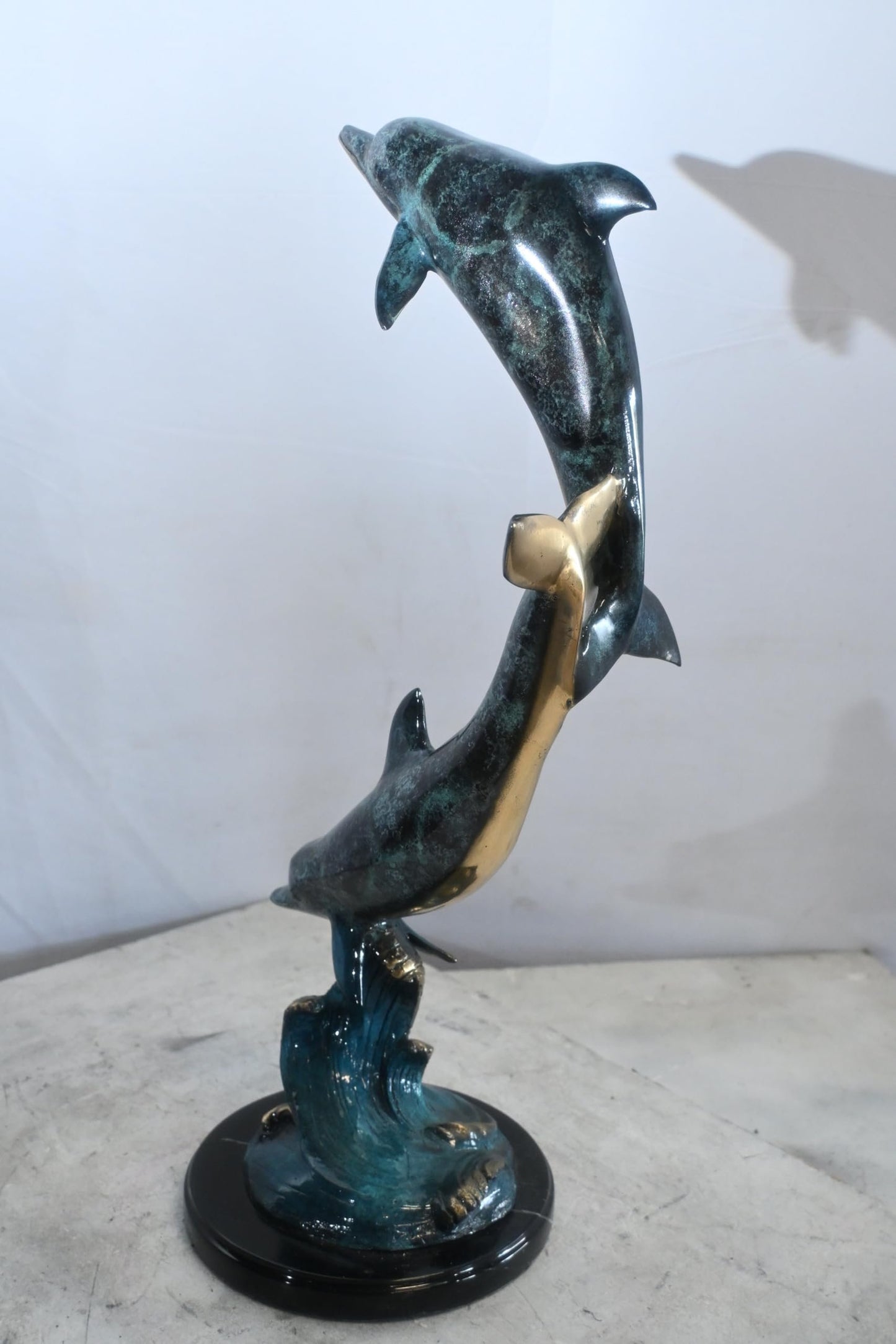 Two Dolphins Bronze Sculpture Leaping Wave Statue 10"x9"x24"H
