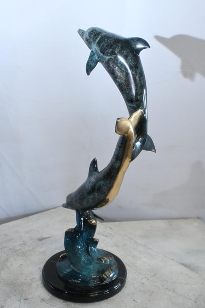 Two Dolphins Bronze Sculpture Leaping Wave Statue 10"x9"x24"H