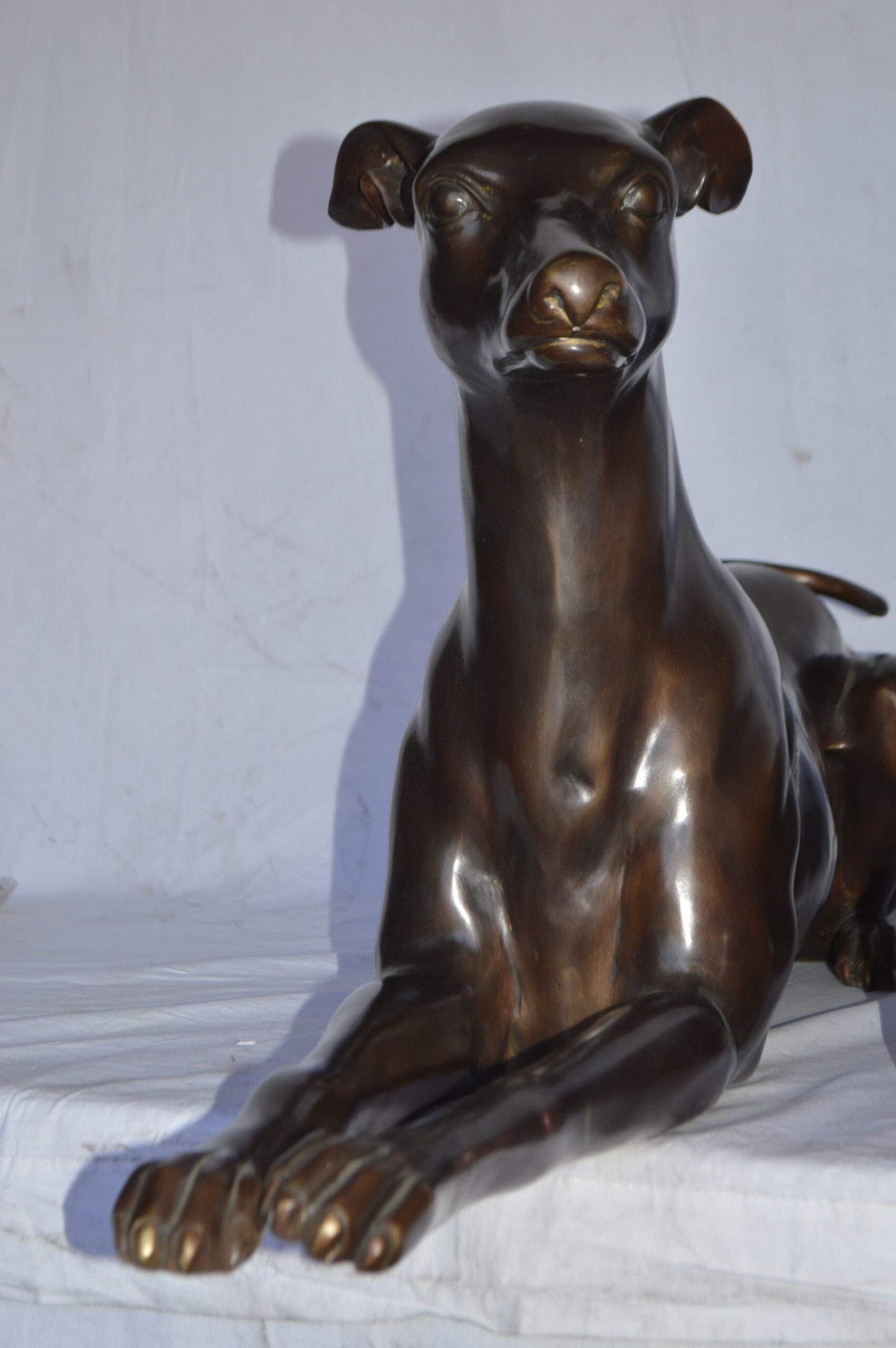 Pair of Greyhound dogs laying down Bronze Statues - Size: 50"L x 11"W x 20"H.